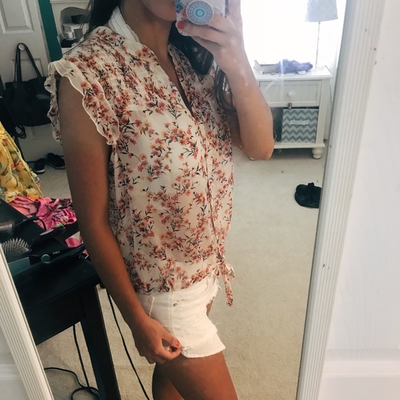 White Floral Tie Front Shirt - Picture 2 of 6